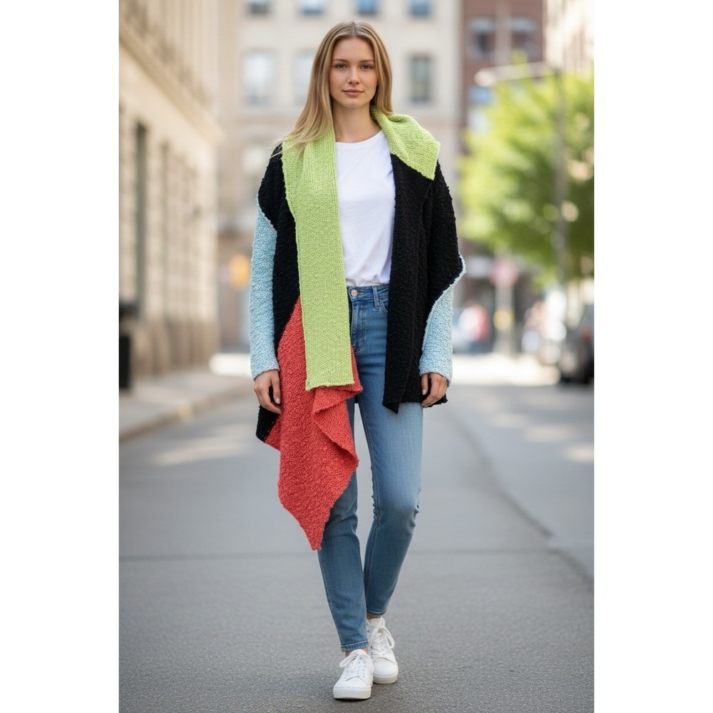 LaVie Boheme‎ Wool Silk Blend Color Block Asymmetrical Artsy Boho Cardigan L/XL
